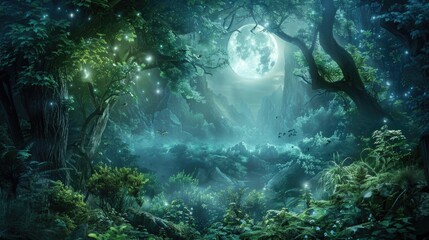 A mystical forest with ethereal creatures illuminated by moonlight. AI generative.