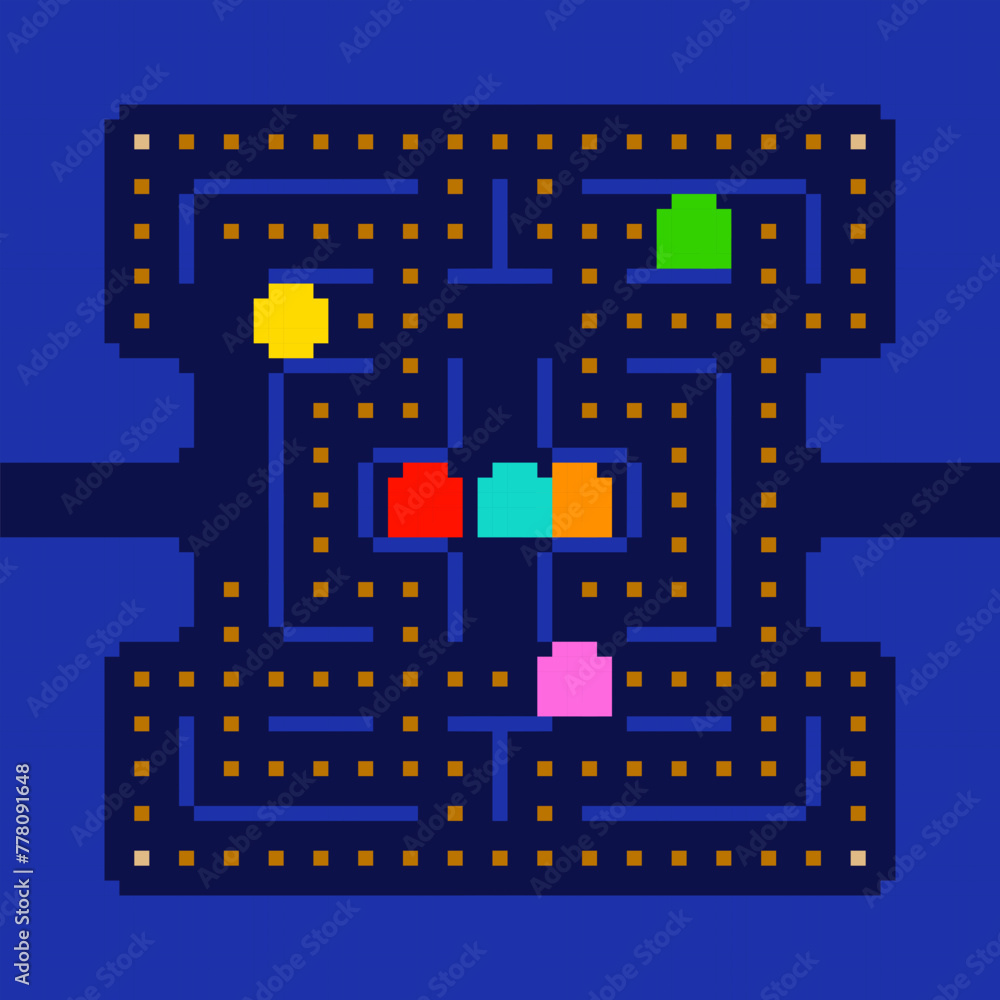 Poster Retro pixel video game scene screen or poster. Abstract maze arcade game concept pixel graphics in 80s -90s style . Simple pixel game elements. Editable vector template