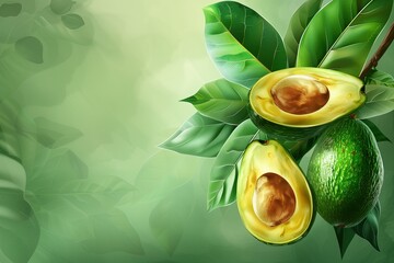 illustration of an avocado and leaves on a light green background