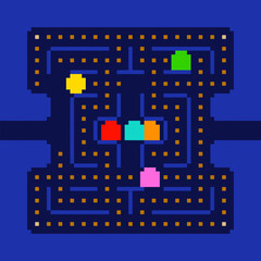 Retro pixel video game scene screen or poster. Abstract maze arcade game concept pixel graphics in 80s -90s style . Simple pixel game elements. Editable vector template