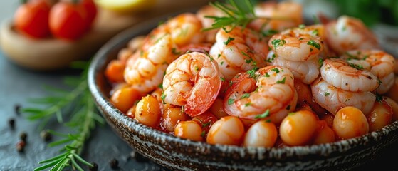 a close up of a bowl of food with shrimp and tomatoes on a table next to a slice of lemon.