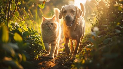 Dog and cat companionship on a sunlit path