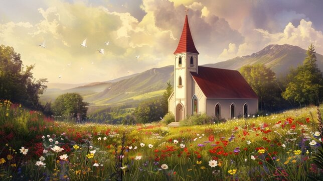 A picturesque countryside church nestled among rolling hills and fields of wildflowers, its timeless beauty and simple elegance a beacon of faith and community.