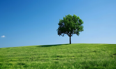 Obraz premium Green field tree and blue skygreat background, Generative AI 