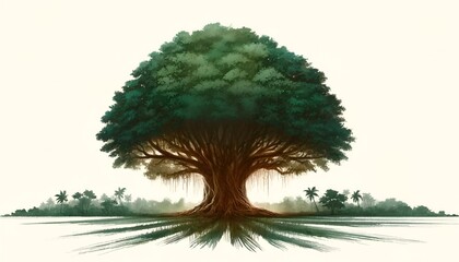 Watercolor illustration with a large banyan tree for panchayati raj day. - obrazy, fototapety, plakaty