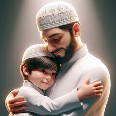 Obraz premium Eid ul-Adha Moment: Realistic 3D Close-Up of Father and Kid in Muslim Caps Embracing