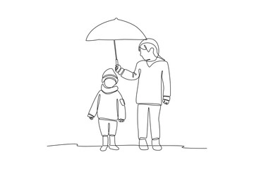 Single one line drawing help each other umbrella when it's raining. Team work people trust assistance. Technology gear collaboration solution. Continuous line draw design vector