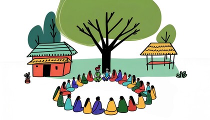 Minimalistic illustration for national panchayati raj day with a of group of people under a tree. - obrazy, fototapety, plakaty