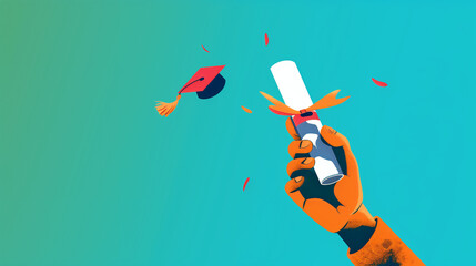 Celebratory Hand Tossing Graduation Cap on Vibrant Teal Background