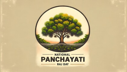 National panchayati raj day poster illustration in vintage style with a large tree. - obrazy, fototapety, plakaty