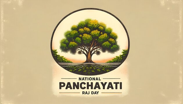 National panchayati raj day poster illustration in vintage style with a large tree.