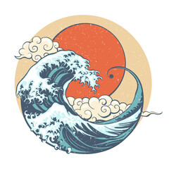 Japan Great Wave and Sun Retro Illustration Isolated on White Background
