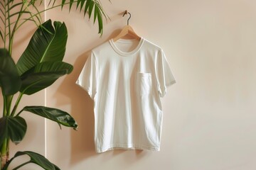 A plain white t-shirt on a wooden hanger against a beige background with tropical plant accents, ideal for fashion and retail.