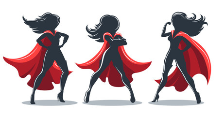 Female Superhero In Red Cape set. Female Silhouettes Isolated on White Background