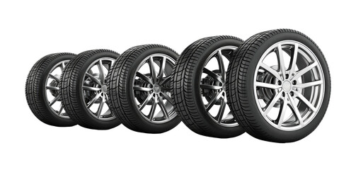 Black Car tires collection with alurim on isolated on transparent background