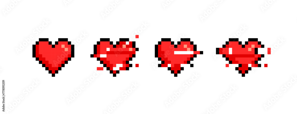 Fototapete Perfect Pixel Hearts icons set with glitch effect animation in retro video game style - isolated vector on white background