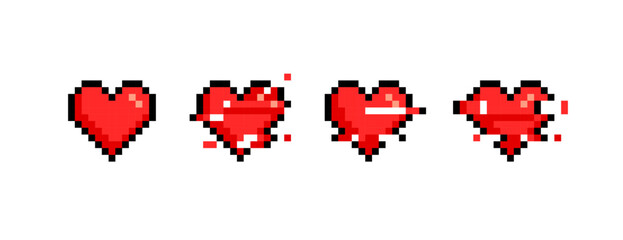 Perfect Pixel Hearts icons set with glitch effect animation in retro video game style - isolated vector on white background