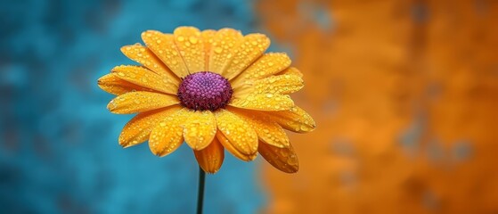 a close up of a yellow flower with drops of water on it and a blue and yellow wall in the background.
