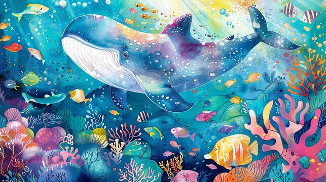 Joyous sea creatures celebrate underwater life in vibrant watercolors.