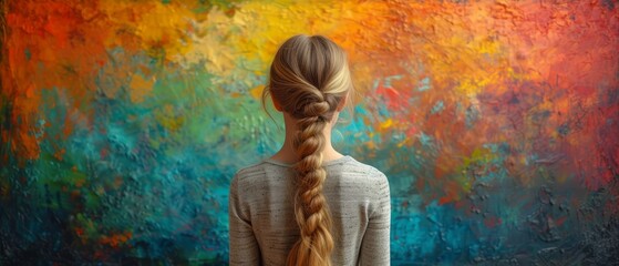a woman with a fishtail braid standing in front of a colorful painting of a woman's hair in a fishtail braid. - obrazy, fototapety, plakaty