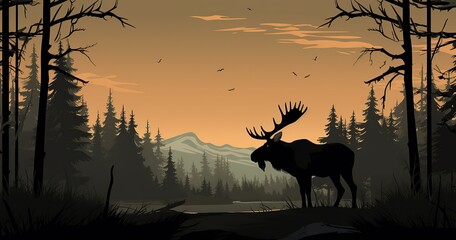 moose in black and trees in animation background