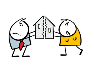 Man and a woman broke down house, keep two halves of building, divide  property in divorce. Vector illustration of  marital quarrel. An aggressive couple in conflict situation. Isolated on white. - 778093444