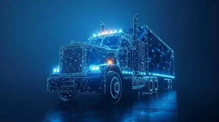 Foto op Plexiglas Polygonal 3d tractor in dark blue background. Online cargo delivery service, logistics or tracking app concept. Abstract vector illustration of online freight delivery service. © Wasin Arsasoi