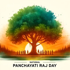 Watercolor illustration for national panchayati raj day with large tree. - obrazy, fototapety, plakaty