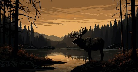 moose in black and trees in animation background