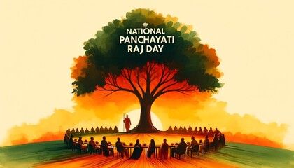 Illustration commemorating national panchayati raj day with a group of people under a large tree. - obrazy, fototapety, plakaty