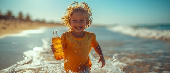 a little girl running out of the ocean with a bottle of beer in her hand and hair blowing in the wind.