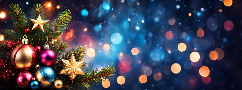 closeup pine christmas tree with colorful decorating. glowing sparkle shiny lights bright bokeh blur dark blue free space 