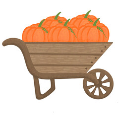 Cartoon wooden wheelbarrow with pumpkins full of the wheelbarrow. - obrazy, fototapety, plakaty