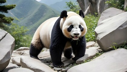 A-Giant-Panda-Exploring-A-Rocky-Mountain-Terrain-