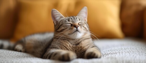 a close up of a cat laying on a couch with it's eyes closed and it's eyes closed.
