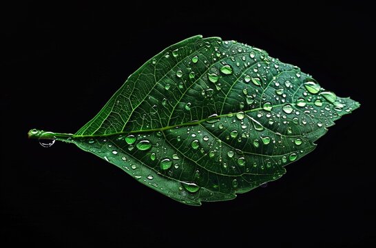 green leaf with water drops on it, black background, macro photography, studio light --ar 80:53 J