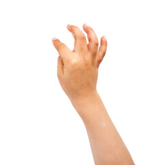 Child pointing at something on white background, closeup of hand
