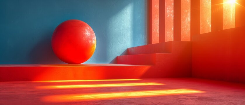 a red ball sitting on top of a set of stairs next to a blue wall and a red stair case.