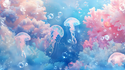 Illustration of an underwater scene, where the liquified texture creates a magical coral reef in blue, pink pastel, and ivory background. 