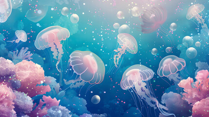 Illustration of an underwater scene, where the liquified texture creates a magical coral reef in blue, pink pastel, and ivory background. 