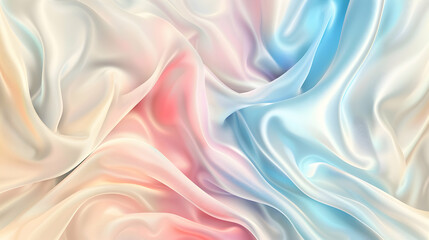Abstract background with waves. Background inspired by the soft folds of silk, with a liquified effect that creates smooth, flowing patterns in blue, pink pastel, and ivory. 