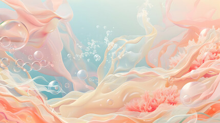 Abstract background, underwater dreamscape where champagne, beige, pink pastel, and ivory coral reefs liquify into a serene, dream-like state. 