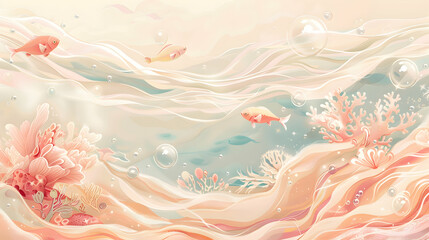 Abstract background, underwater dreamscape where champagne, beige, pink pastel, and ivory coral reefs liquify into a serene, dream-like state. 