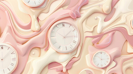 Background time melting away, depicted as clocks with liquified faces in champagne, beige, pink pastel, and ivory colors. Time wallpaper.  Pastel tones. 