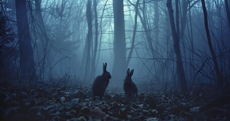 mystical misty forest, two rabbits, the way I felt with you that night, and a hundred that followed - obrazy, fototapety, plakaty