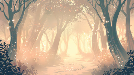 Sunset in the forest landscape. Illustration background depicting an enchanted forest at dusk, where the trees and foliage create a liquified illusion.