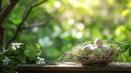 empty table is elegantly with an egg nest with blurred garden background
