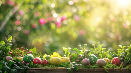 lush green foliage with colorful Easter eggs on blurred bokeh spring garden background