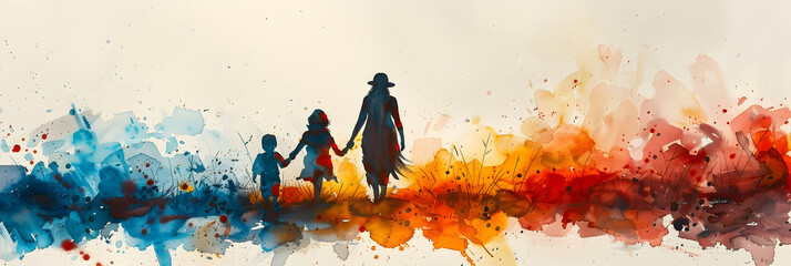 Mother and daughter in love Watercolor painting,
Painting of a woman and two children walking in watercolor - obrazy, fototapety, plakaty