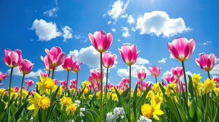 pink tulips and cheerful daffodils field with blue sky background